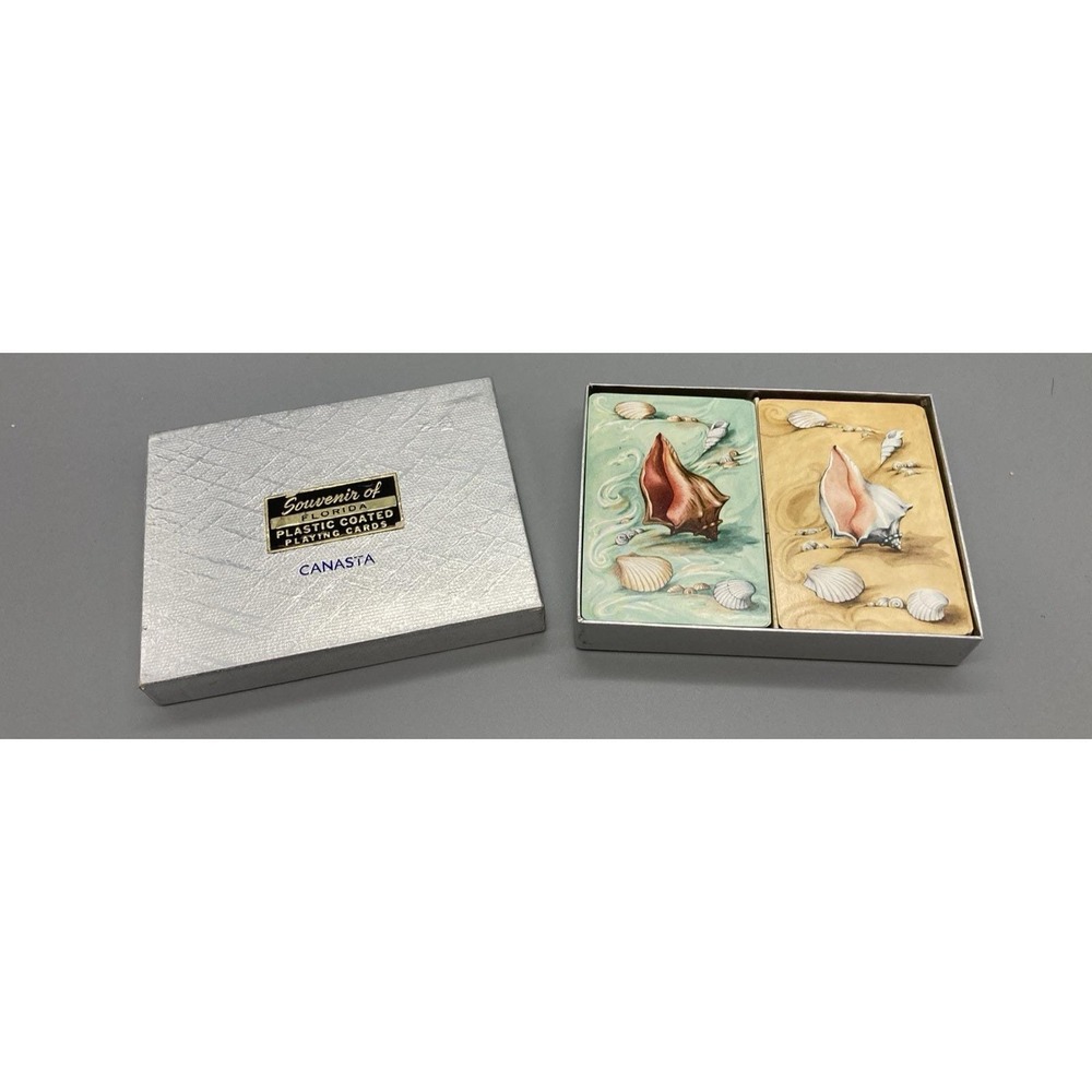 Vintage playing cards double deck in box complete Florida souvenir conch shells